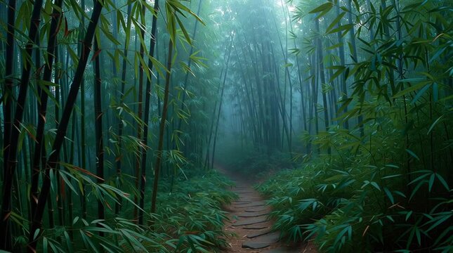 Mysterious bamboo forest path with fog and sunlight rays