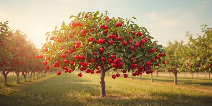 Cherry tree with abundant cherries, highlighting fruit maturity and branch support, World Fruit Day