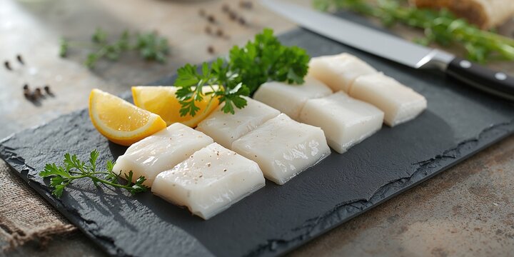 Fresh halibut steaks on slate with lemon and parsley, omega-3 source for healthy eating