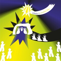 Christmas nativity scene with Wishes in Latin, silhouettes in white of Three Kings with gifts, Modern people and Star of Bethlehem - abstract graphic with light in yellow, green and dark blue