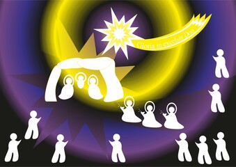 Christmas nativity scene with Wishes in Latin, silhouettes in white of Three Kings with gifts, Modern people and Star of Bethlehem - abstract graphic with light in yellow and violet