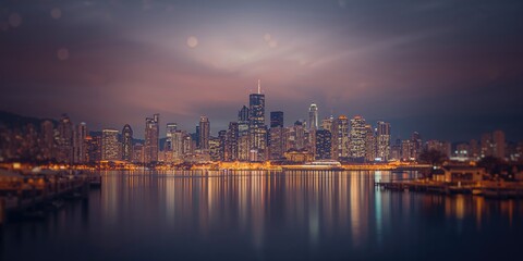 Obraz premium Vancouver skyline with bokeh effects during sunset, highlighting urban atmosphere, Earth Day