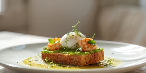 Elegant avocado toast topped with shrimp, basil, and a poached egg, prepared for brunch service, World Breakfast Day