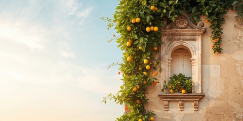 Facade of an ancient building with niches for decorative lemon plants, serving as an architectural preservation feature