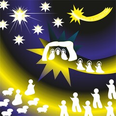 Christmas nativity scene with Wishes in Latin, silhouettes in white of shepherds with sheep, Three Kings with gifts, Modern people, Angels and Star of Bethlehem - abstract graphic in blue nad yellow