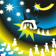 Christmas nativity scene with Wishes in Latin, silhouettes in white of shepherds with sheep, Three Kings with gifts, Modern people, Angels and Star of Bethlehem - abstract blue nad yellow graphic