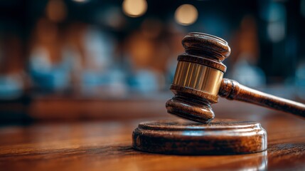 Close Up of a Wooden Gavel on a Brown Courtroom Desk in Soft Focus with Blurred Background