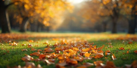 Autumn leaves on vibrant green grass, erosion risk during fall