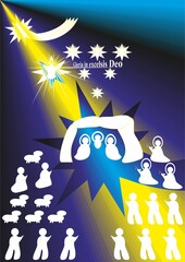 Christmas nativity scene with Wishes in Latin, silhouettes in white of shepherds with sheep, Three Kings with gifts, Modern people, Angels, Star of Bethlehem and light - abstract blue yellow graphic
