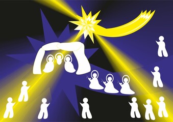 Christmas nativity scene with silhouettes in white of Three Kings with gifts, Modern people and Star of Bethlehem - abstract graphic with light. Topics: Adoration of the Magi, Epiphany, card, gift