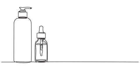 Continuous one line drawing of cosmetics bottle packaging set. Cosmetic bottles single line vector illustration. Editable line vector, Cosmetic bottle one line continuous. Cosmetic bottle line art.