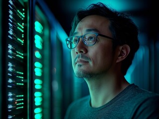 Selective focus. Cybersecurity professional analyzing server for potential malware
