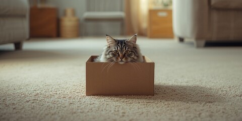Domestic scene with a grey tabby cat nestled in a box, highlighting pet relaxation