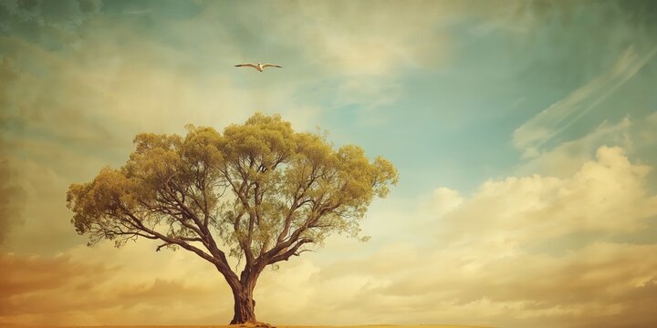 Eucalyptus tree rendered in retro style with artistic color effects, ideal for editorial header backgrounds