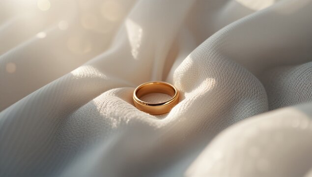 Close-up of gold wedding rings placed on a gray fabric background, highlighting craftsmanship.