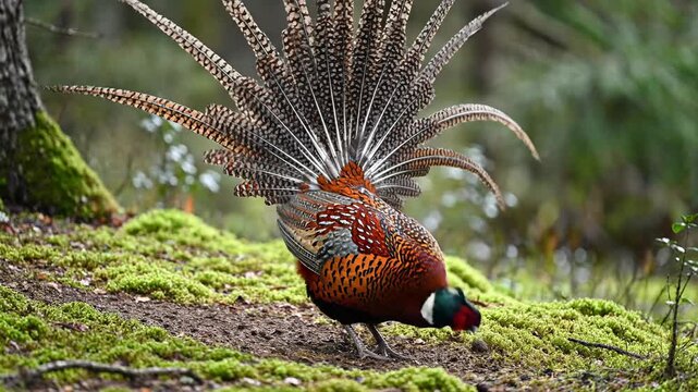 4K video of a red-bellied pheasant (phasianus colchicus) performing its vibrant mating dance, the male spreading stunning feathers in a colorful, graceful display of natural beauty & wildlife behavior