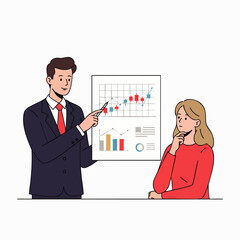 A professional businessman presents complex financial data and market trends on a detailed chart to an attentive female colleague during an important meeting.