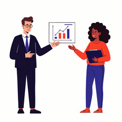 Two diverse business professionals collaboratively analyze financial data and market trends, presenting a dynamic growth chart during a strategic meeting.