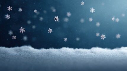 Beautiful snowflakes falling onto fresh white snow against a cool blue background, a winter wonderland scene