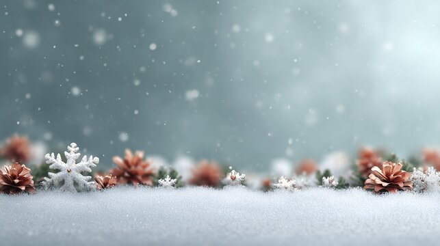 Sparkling winter scene with festive snowflakes, pine cones, and falling snow on a soft white foreground - Powered by Adobe
