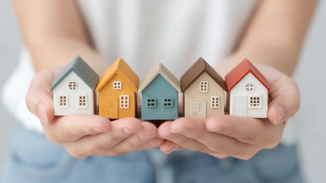 Miniature Colorful Houses Held by Hands Representing Home and Real Estate Concepts and Investment Opportunities 4k video footage