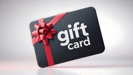 A sleek black gift card with a bright red ribbon and bow, presented against a subtle, light gray gradient background for a premium look
