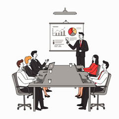 Business professionals gather in a conference room for a presentation featuring charts and graphs on a projector screen.