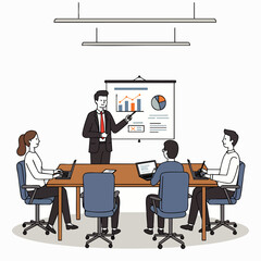 A confident businessman presents a financial report with charts and graphs to his attentive colleagues in a modern office meeting.