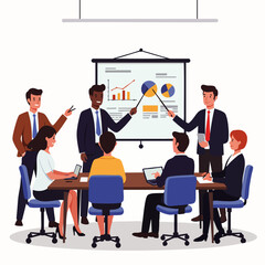 Diverse professionals collaborate in a modern office, presenting data and charts during a dynamic business meeting.