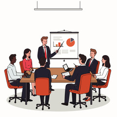A diverse group of professionals collaborates in a modern boardroom, discussing financial data on a projector screen.