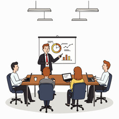 A confident businessman presents a financial report with charts to attentive colleagues in a modern office meeting.