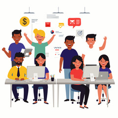 Diverse team of happy employees collaborating effectively in a modern office environment, celebrating success and achieving goals.