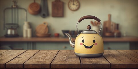 Cartoon kettle inspired by vintage artwork, nostalgic design style, suitable for decorative or educational uses