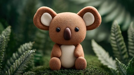 Cute sugary koala figurine sitting on mossy ground in a lush green forest setting