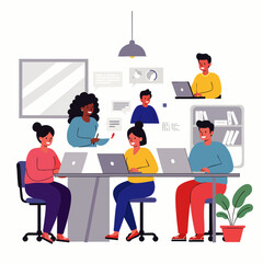 Diverse team collaborates effectively in a modern office environment, sharing ideas and working on laptops.