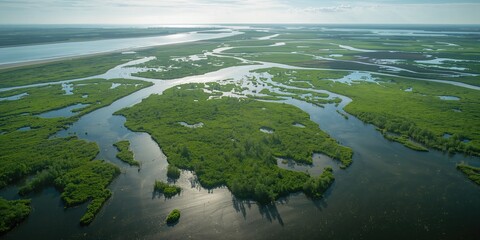 Naklejka premium Bird's-eye perspective of coastal wetlands on an island close to Wolin, Poland, highlighting habitat conservation