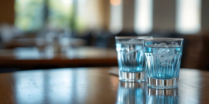 Clear blue water glasses filled with drink on restaurant table, hydration and lifestyle, World Water Day