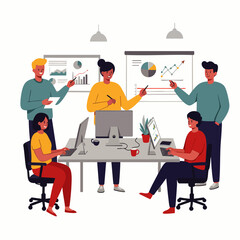 Diverse team collaborates on a business strategy presentation with charts and graphs in a modern office environment.