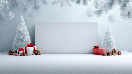 Clean winter holiday backdrop with white christmas trees, gifts, pine cones and blank board