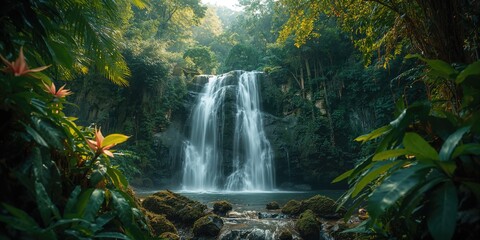 A broad woodland waterfall photographed using slow shutter technique, highlighting the soft water streaks and lush trees, Earth Day