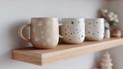 Snowflake patterned wooden mug on a natural wood shelf with other festive ceramic mugs, evoking a cozy winter home
