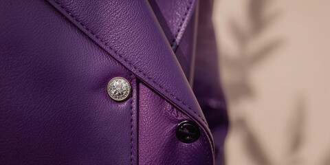 Close-up of violet leather jacket strap button, textured fashion details, suitable for clothing background design