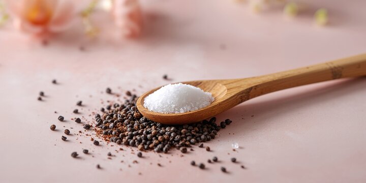 Seasoning spices with white salt and ground black pepper on wooden utensil, emphasizing flavor preparation - Powered by Adobe