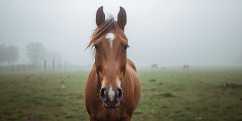 Detailed view of a brown horse with misty surroundings, illustrating outdoor wildlife and weather effects