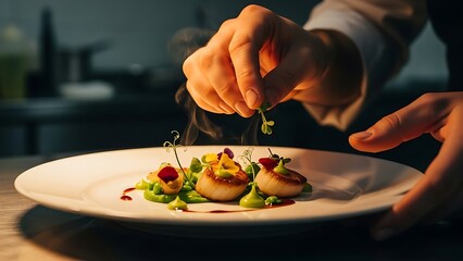 Chef garnishing perfectly seared scallops with microgreens on a white plate in a professional kitchen setting.