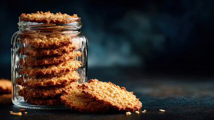 Close-up shot of delicious oatmeal cookies in a glass jar. The cookies are stacked and some of them are outside the jar.