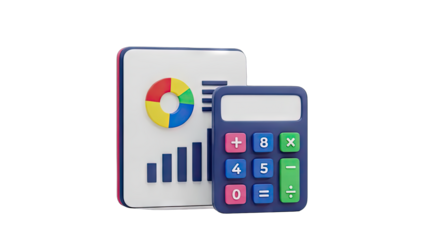 3D Render of a Blue Calculator Next to a Pie Chart and Bar Graph Report with Pink Edges on Transparent Background