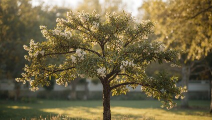 Bay tree flowering, plant with aromatic leaves, outdoor spring setting, herbal foliage, nature preservation