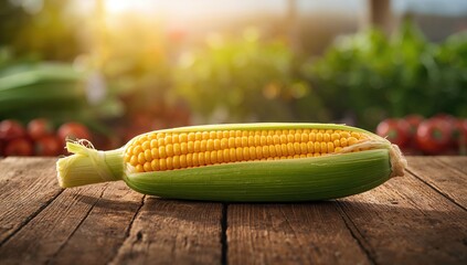 Close-up of raw corn on the cob at a vegetable stand in an open-air market, highlighting local food sourcing