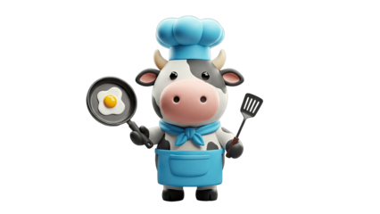 Cow Chef Cooking Egg in Pan - Cartoon Illustration